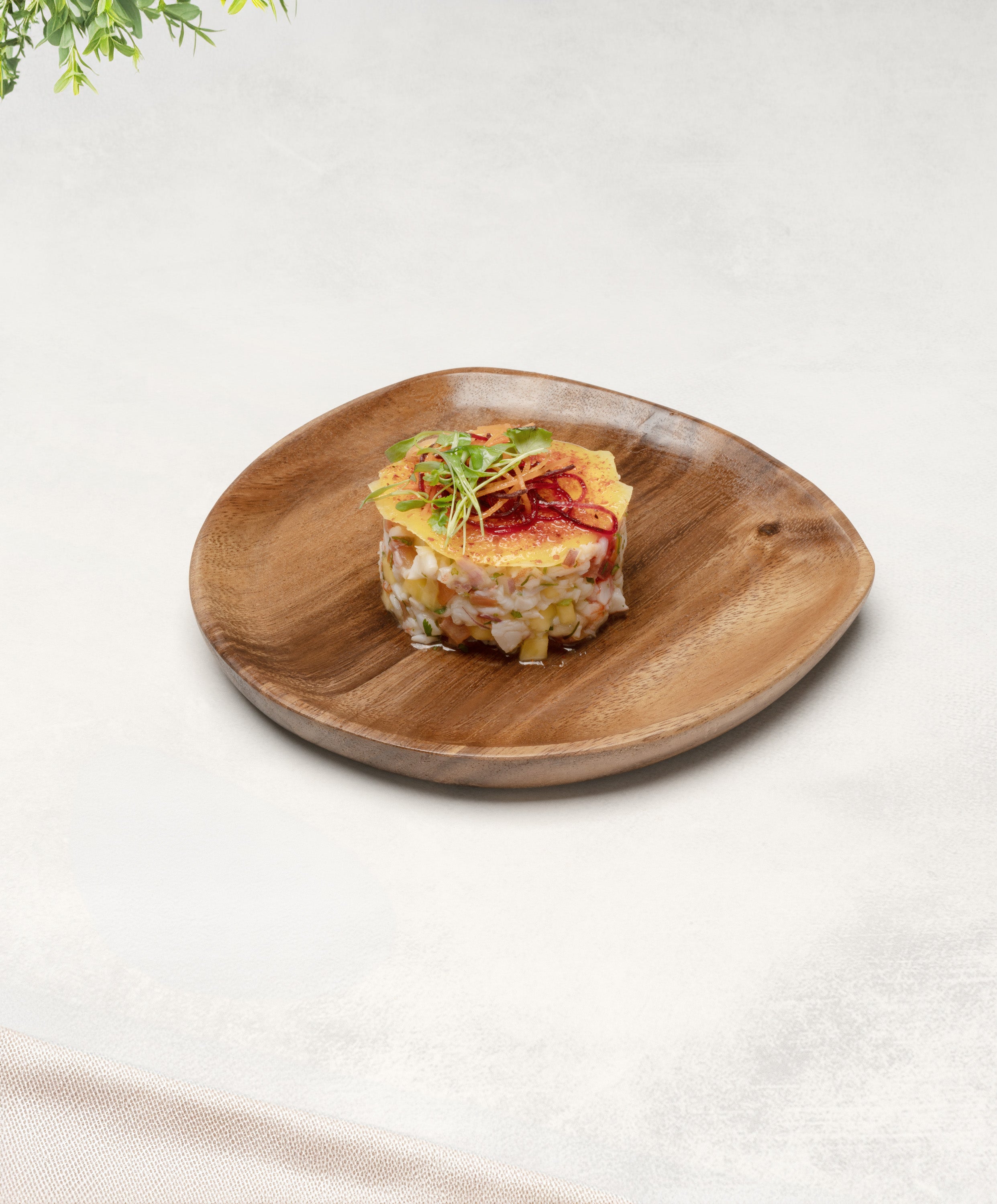 Foree medium wooden plate 7.9 x 7.7 x 0.75 in with elegant plated food, showcasing natural Acacia woodgrain