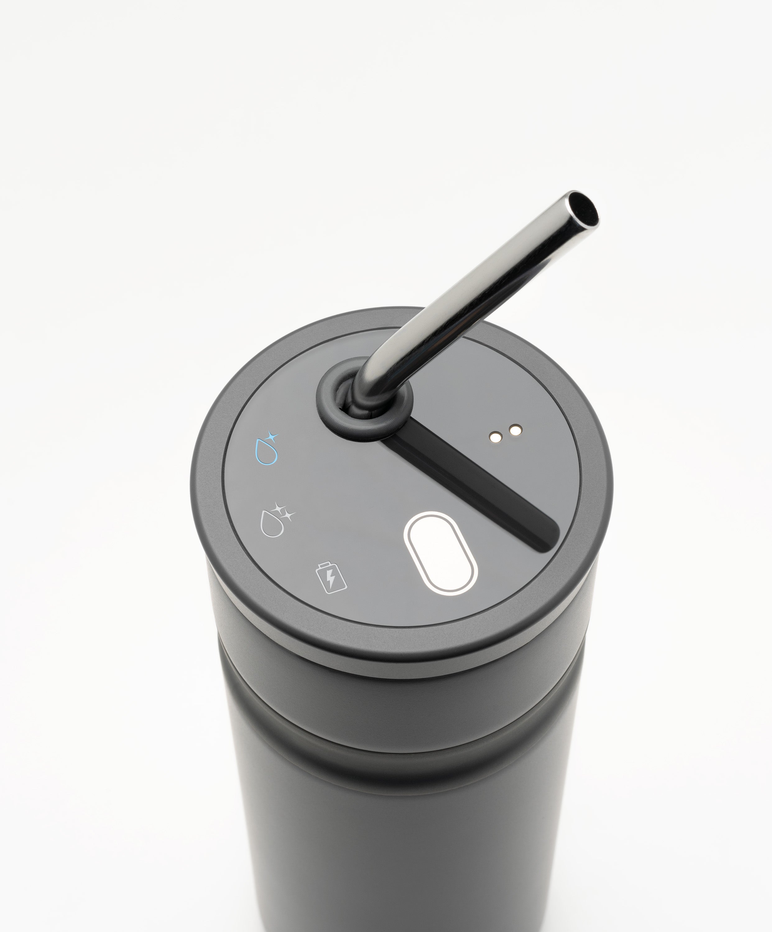 Top view of Uvio self-purifying water bottle 16 fl oz / 480 mL in Charcoal Black showing straw, button, and UV-C purification features that eliminate 99.9% of harmful microorganisms