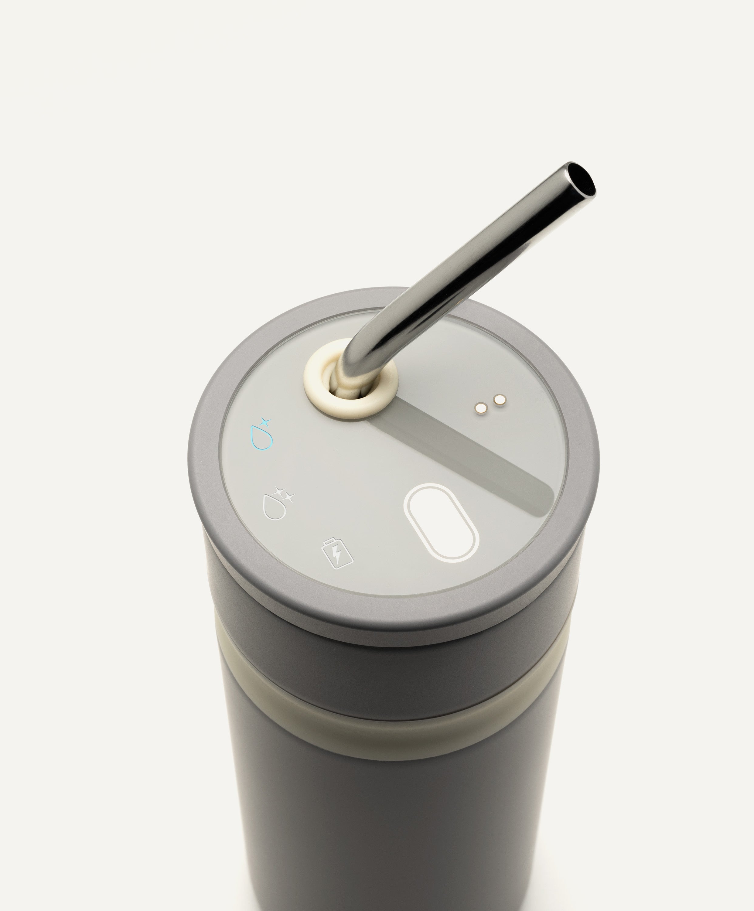 Top view of Uvio self-purifying water bottle 16 fl oz / 480 mL in Elephant Gray showing straw, button, and UV-C purification features that eliminate 99.9% of harmful microorganisms