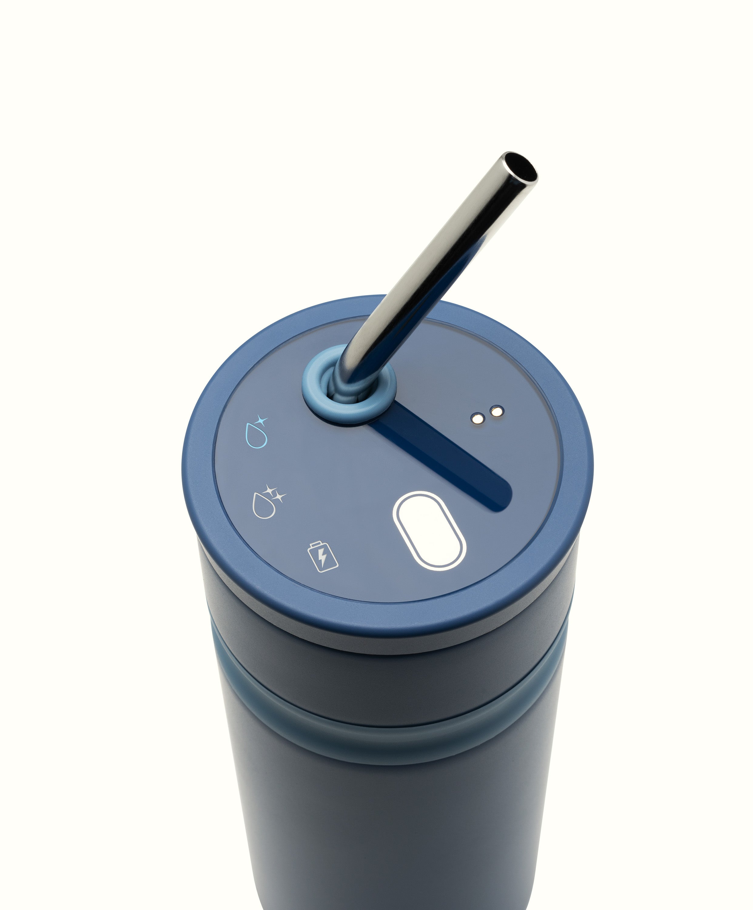 Top view of Uvio self-purifying water bottle 16 fl oz / 480 mL in Picasso Blue showing straw, button, and UV-C purification features that eliminate 99.9% of harmful microorganisms