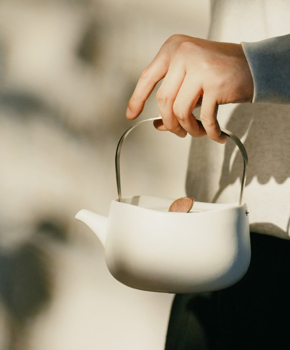 Person holding Leiph self-heating ceramic teapot 20 fl oz / 600 mL by the handle with lid on top