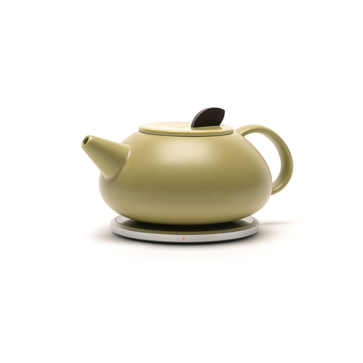 Olive teapot on heating pad side