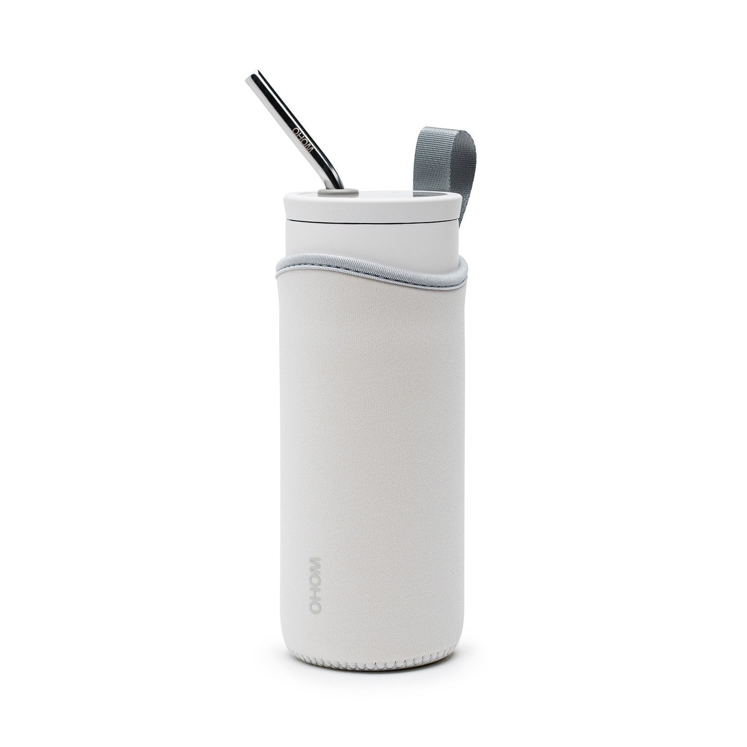White bottle with pouch that has OHOM logo