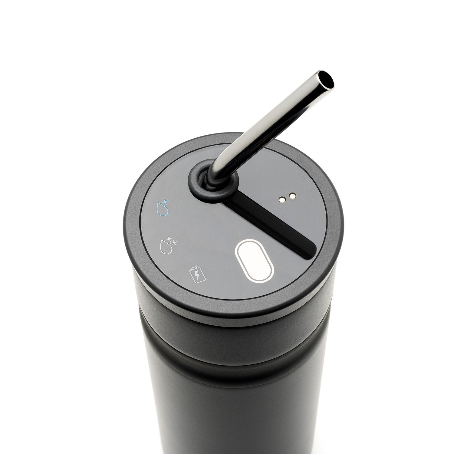 Top view of black metal bottle with metal straw