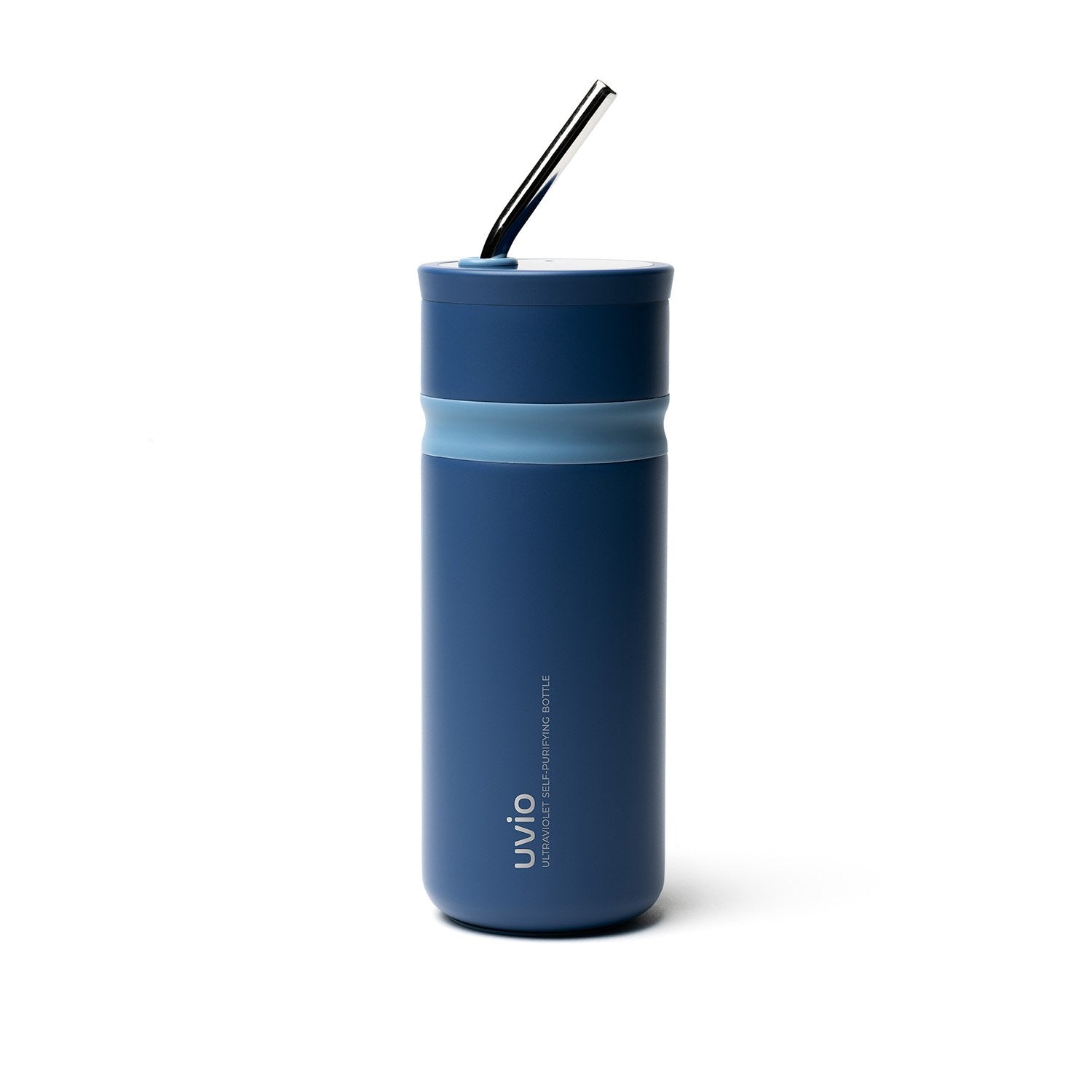 Blue metal bottle with metal straw