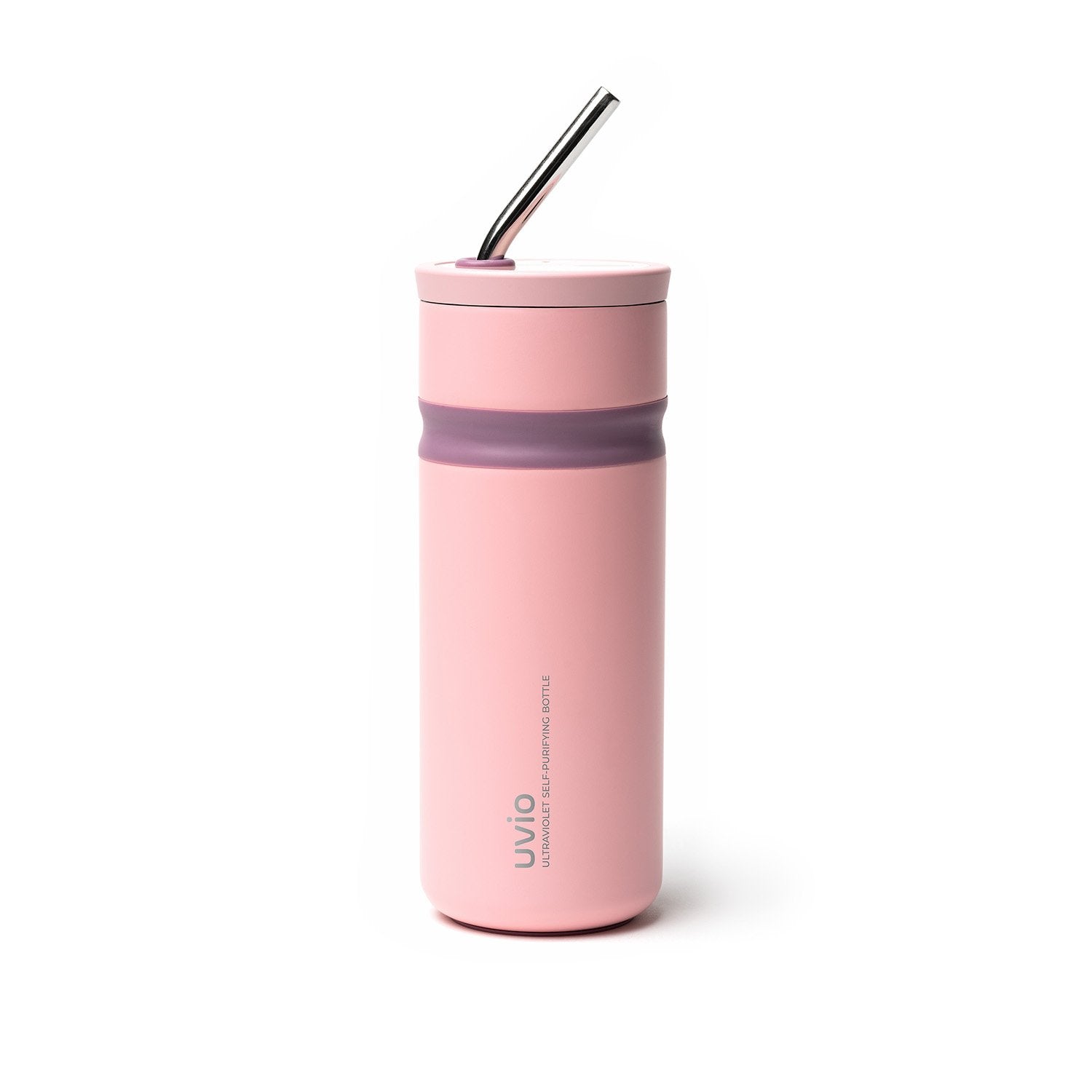 Pink water bottle with metal straw