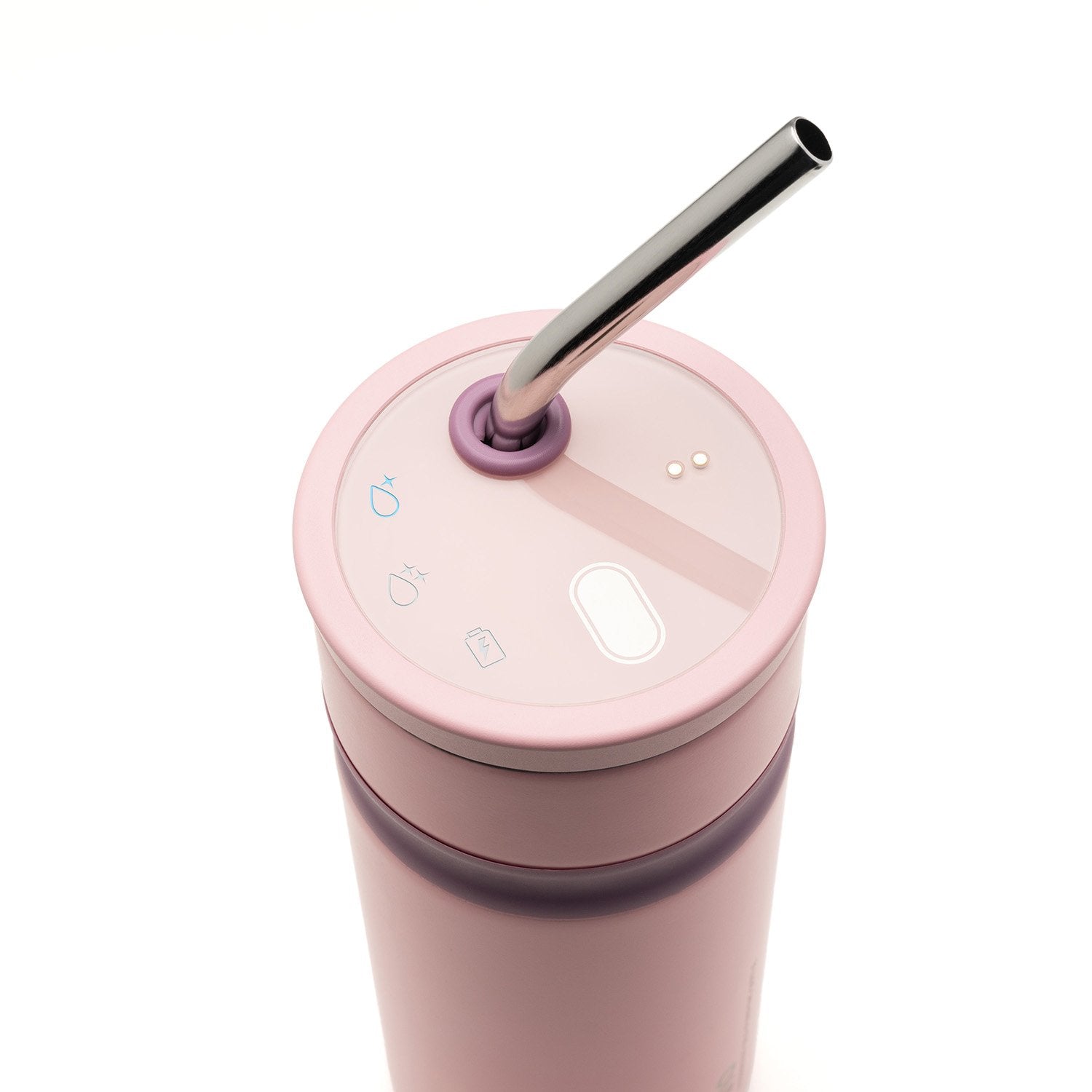 Top view of pink water bottle with metal straw