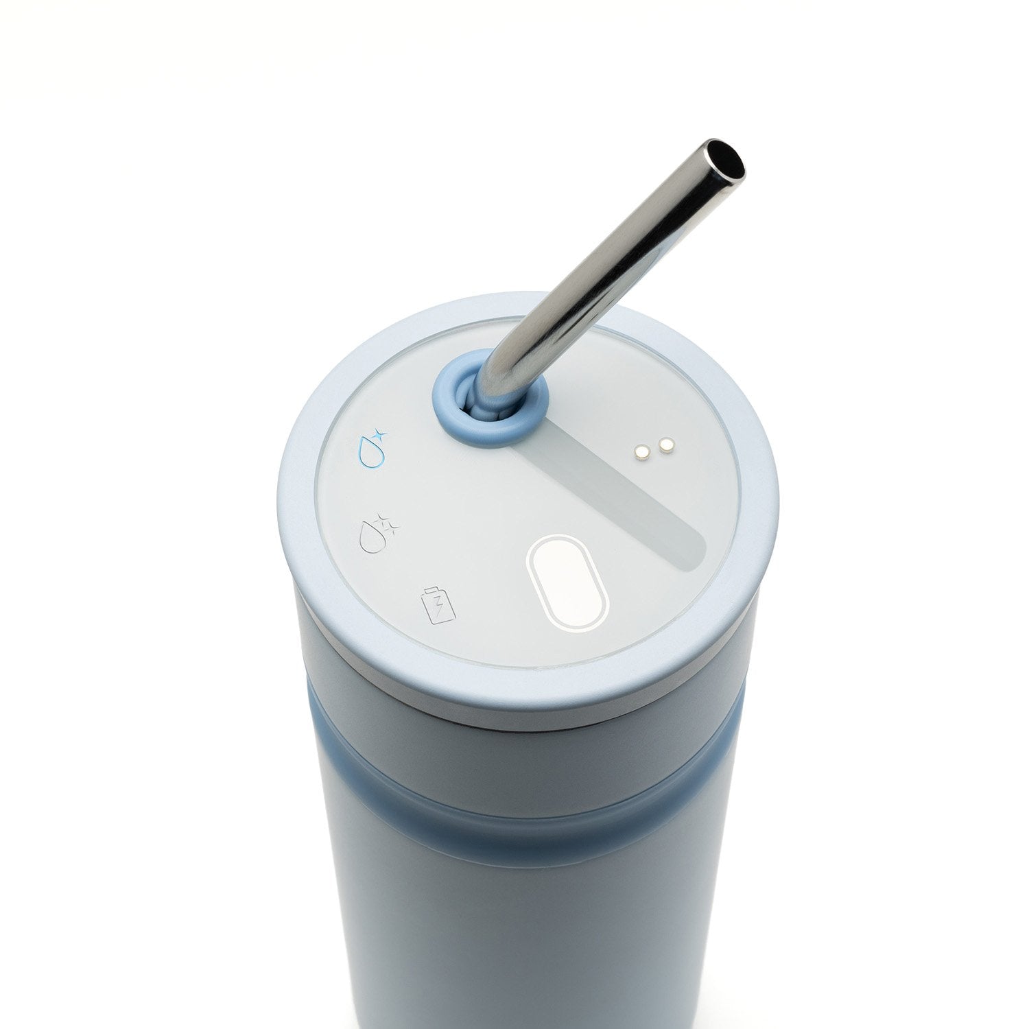 Top view of light blue metal bottle with metal straw