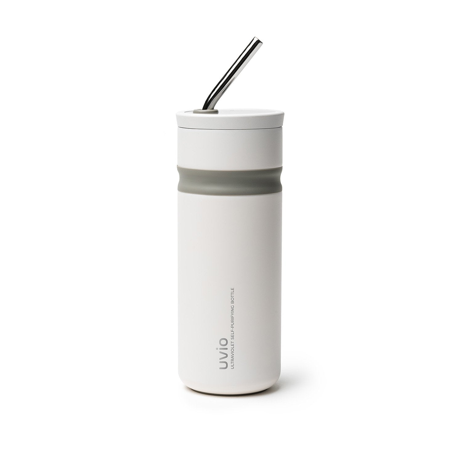 White metal bottle with metal straw